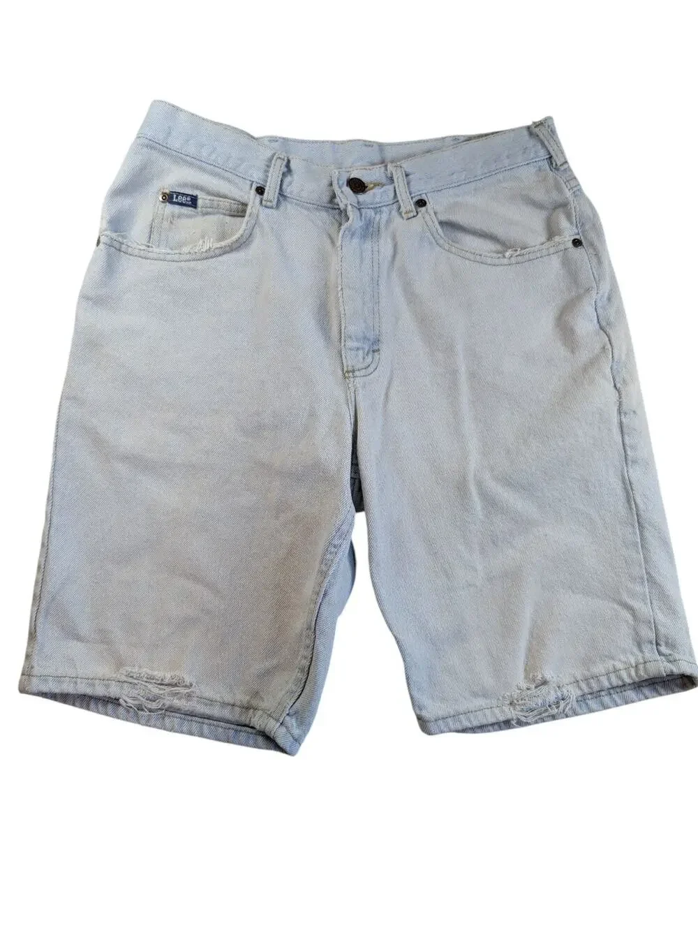 Lee VTG Jean Shorts Mens 32 Light Wash Distressed Y2K Made in USA Jorts Baggy